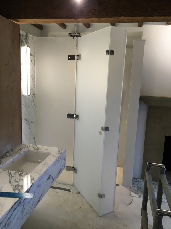 Bespoke frosted glass shower enclosure in Dalston luxury bathroom